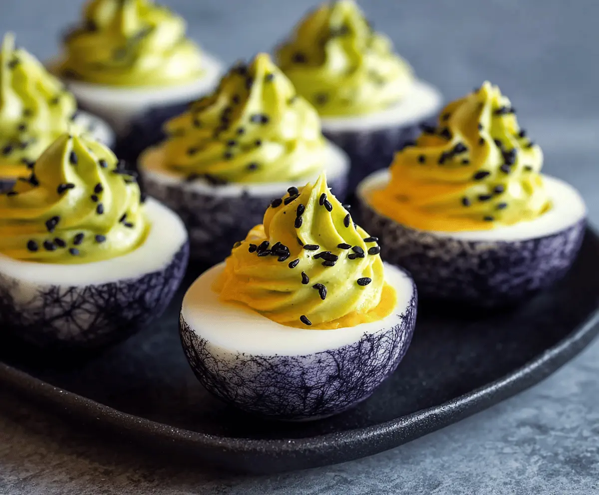 Spooky creepy deviled eggs decorated with scary face designs for Halloween party
