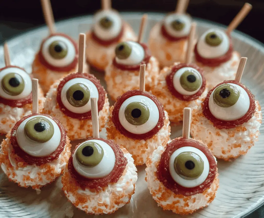 Close-up of spooky Creepy Eyeball Bites with green olives, cheese, and red pepper for a fun Halloween appetizer presentation.