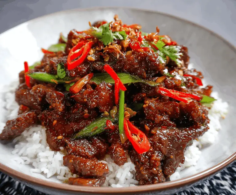 Delicious crispy chilli beef stir-fry with vibrant red chilies and garnished green onions on a white plate