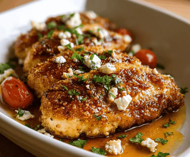 Golden crispy hot honey feta chicken served on a plate with a side of fresh greens, showcasing a flavorful and spicy glaze perfect for dinner.