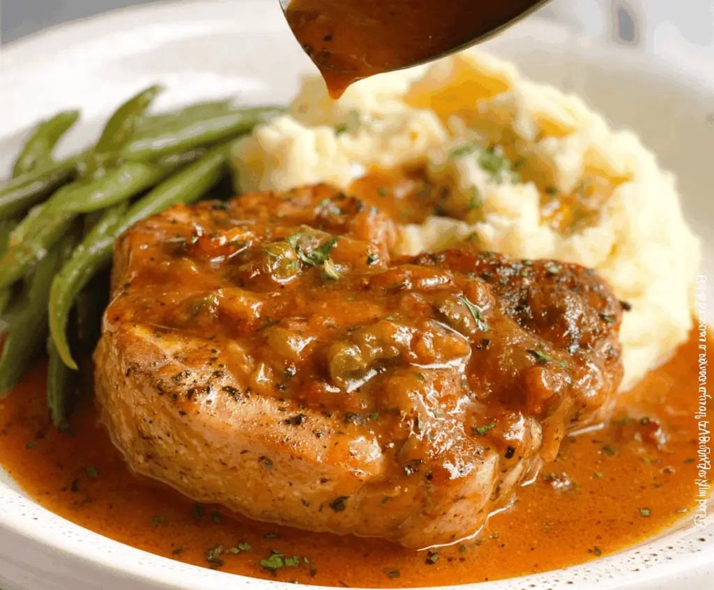 Juicy Crock Pot pork chops cooked to perfection in a flavorful sauce, served with fresh herbs and vegetables.