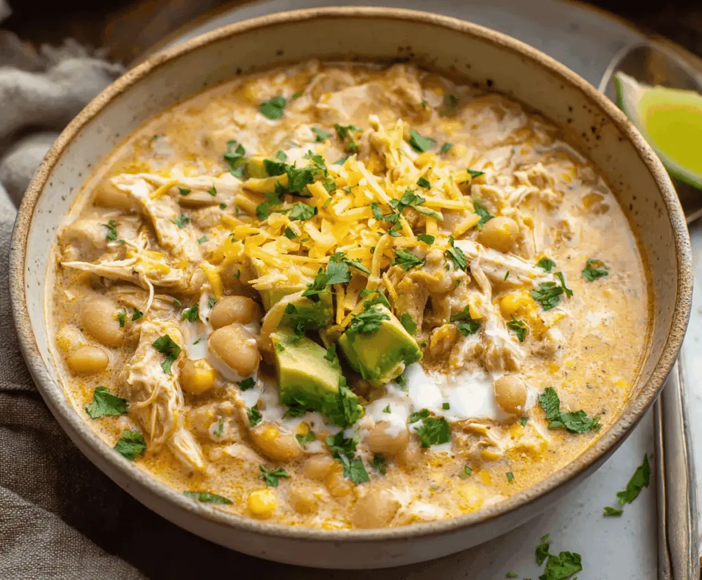 Delicious and healthy Crockpot White Chicken Chili topped with fresh herbs in a bowl with ingredients on the side.