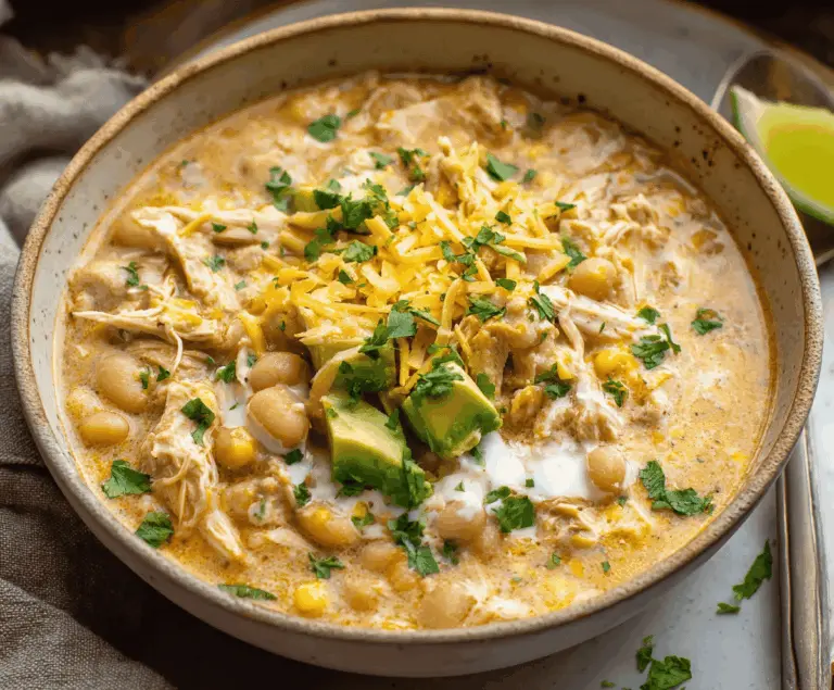 Delicious and healthy Crockpot White Chicken Chili topped with fresh herbs in a bowl with ingredients on the side.
