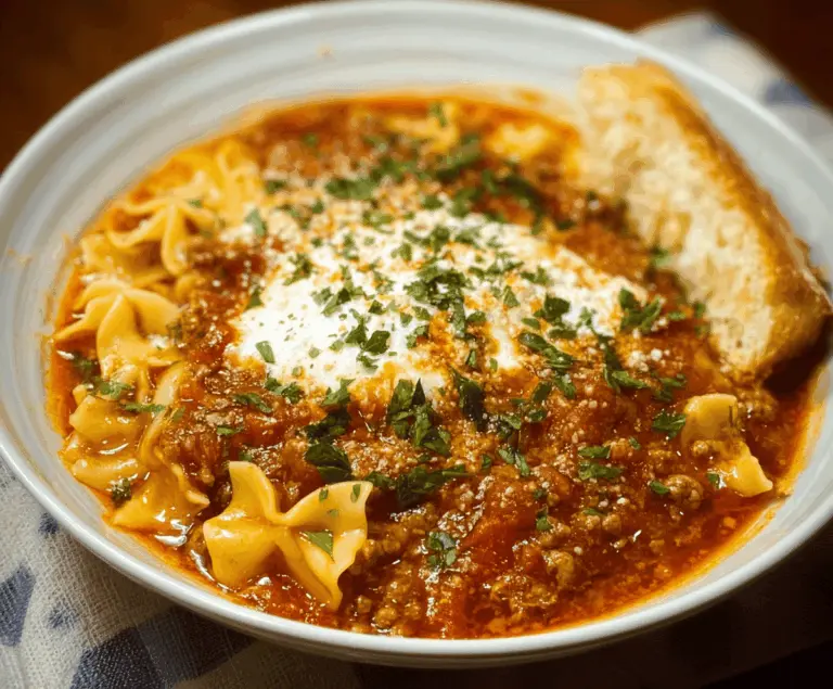 Delicious and hearty Crockpot Lasagna Soup in a bowl topped with melted cheese, fresh herbs, and pasta noodles, perfect for a comforting meal