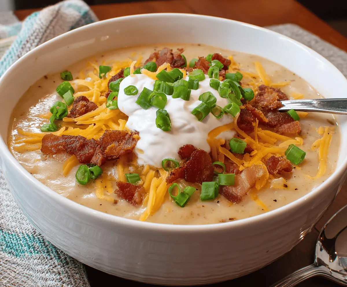 Creamy Crockpot Loaded Baked Potato Soup with cheese, bacon, green onions, and sour cream in a bowl