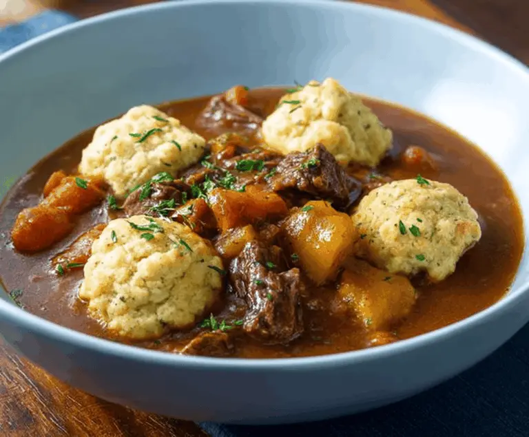 Hearty beef stew with tender beef chunks, vegetables, and fluffy dumplings in a rich gravy bowl