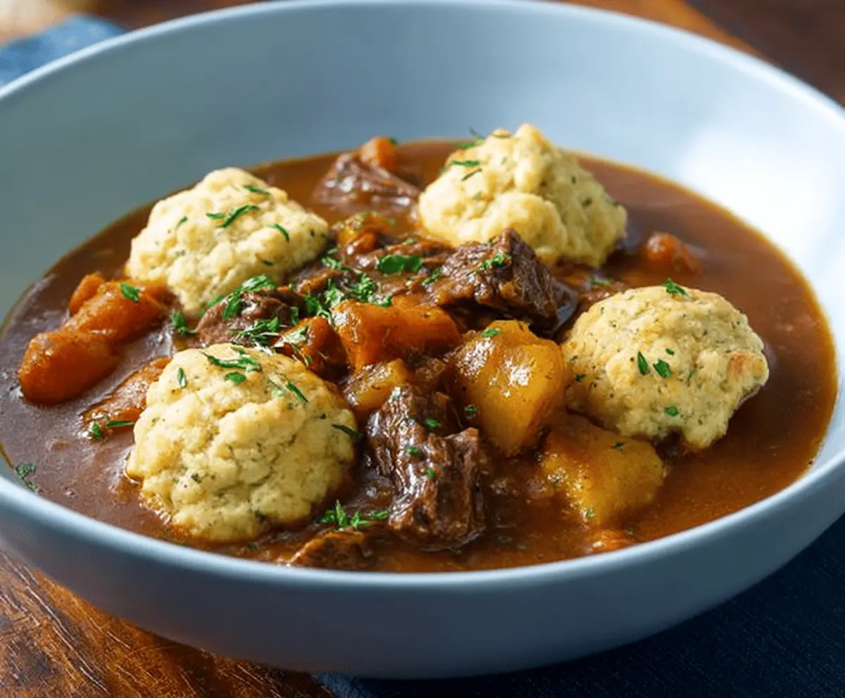 Hearty beef stew with tender beef chunks, vegetables, and fluffy dumplings in a rich gravy bowl