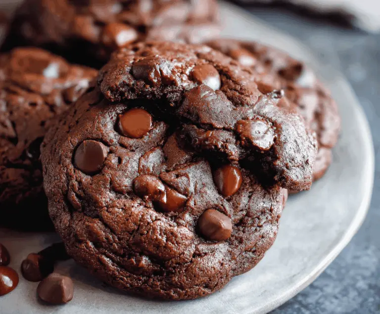 Delicious homemade double chocolate cookies with rich, gooey chocolate chips on a rustic wooden table.