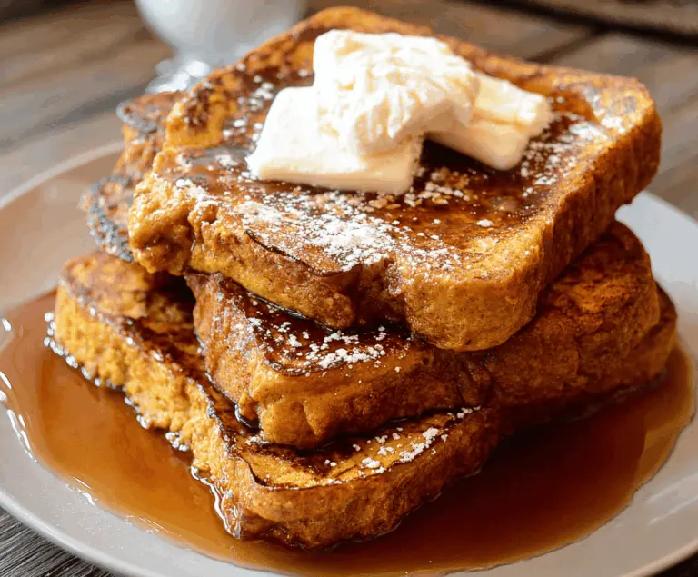 Delicious fall-inspired pumpkin French toast topped with whipped cream and cinnamon for a cozy breakfast