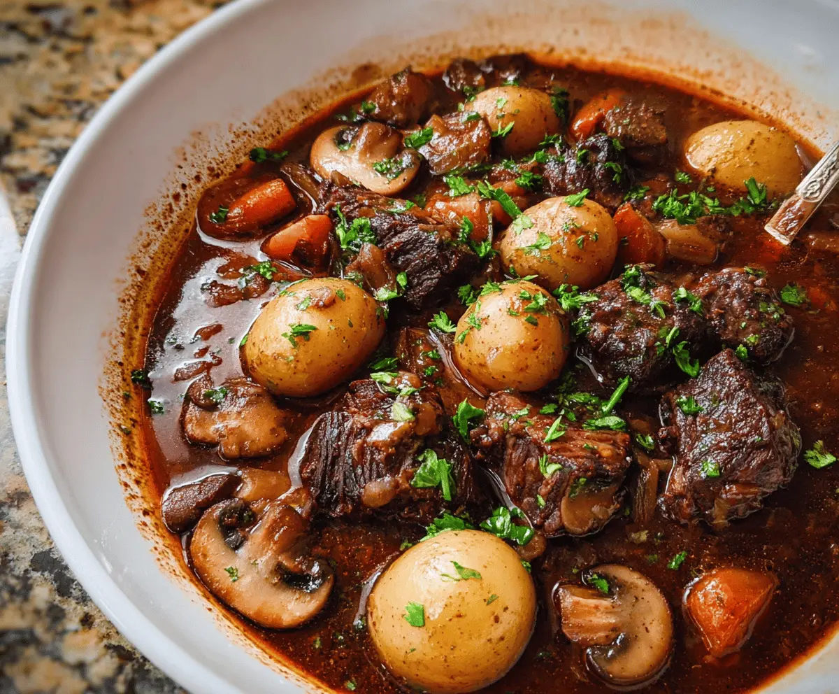 Hearty French Beef Bourguignon stew with tender beef chunks, mushrooms, carrots, and red wine served in a rustic bowl