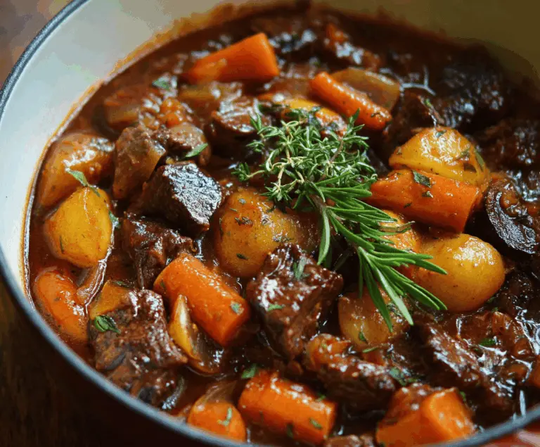 Delicious French-style beef stew simmered with red wine and vegetables, served hot.