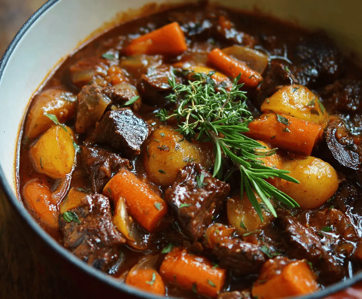 Delicious French-style beef stew simmered with red wine and vegetables, served hot.