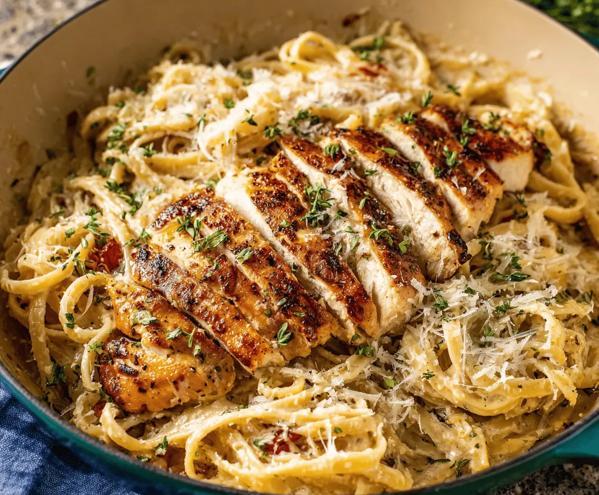 Delicious Garlic Parmesan Chicken Pasta served on a white plate with fresh herbs