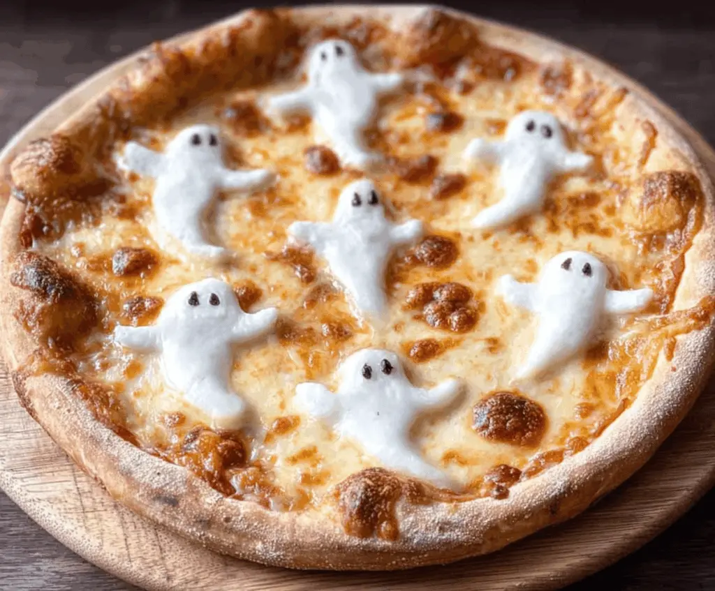 A spooky ghost-shaped pizza topped with cheese and pepperoni, perfect for Halloween-themed parties.