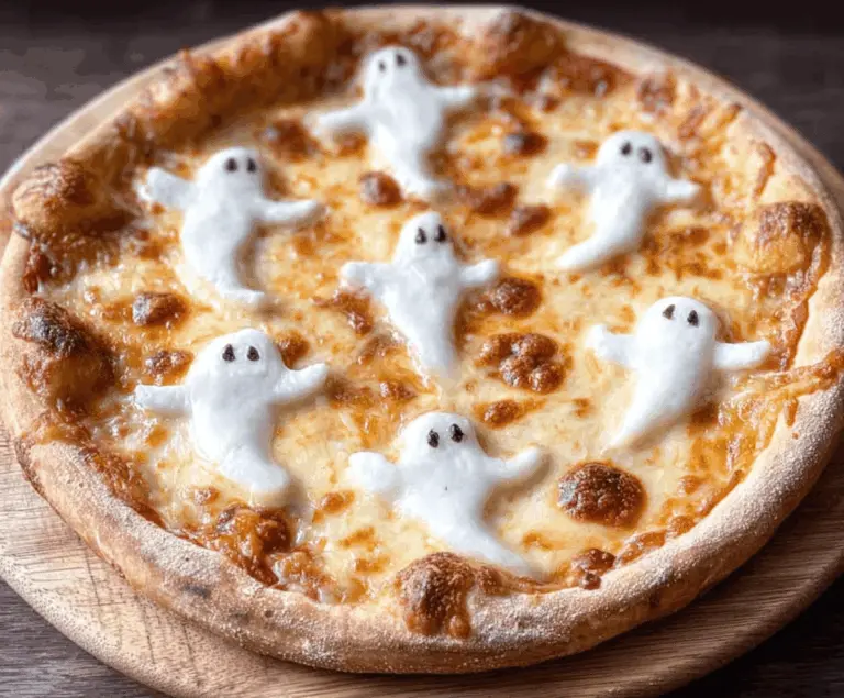 A spooky ghost-shaped pizza topped with cheese and pepperoni, perfect for Halloween-themed parties.