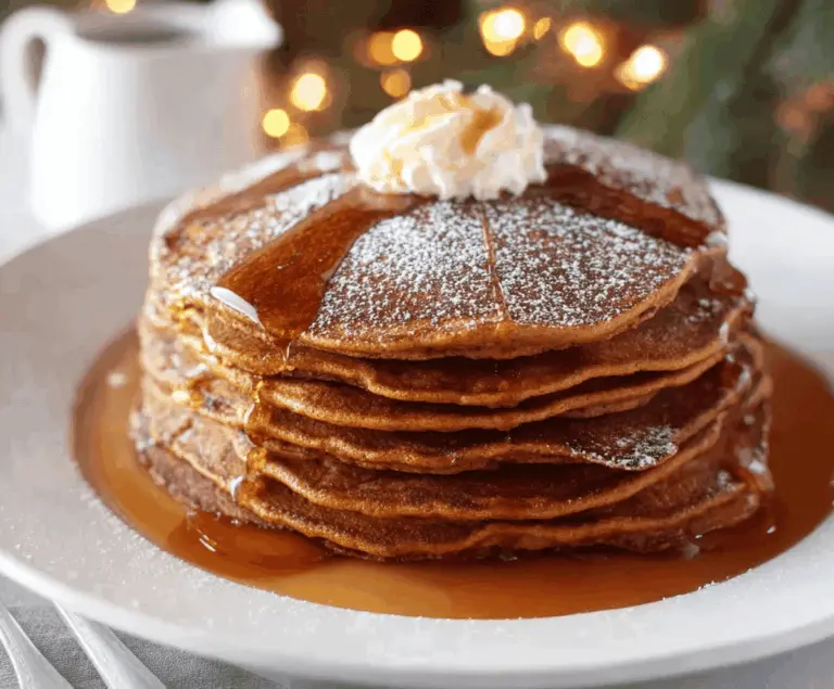 Delicious gingerbread pancakes topped with whipped cream and sprinkles for breakfast.