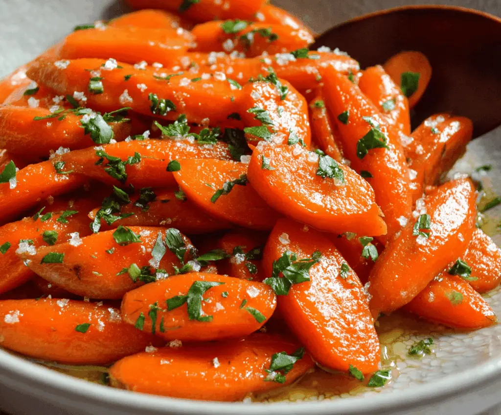 Golden glazed carrots garnished with fresh herbs served on a white plate, perfect for a savory side dish.