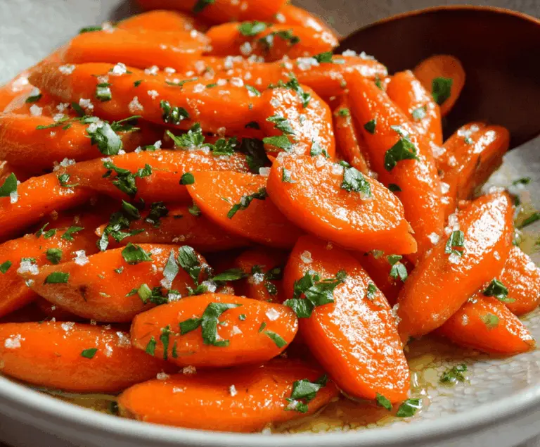 Golden glazed carrots garnished with fresh herbs served on a white plate, perfect for a savory side dish.