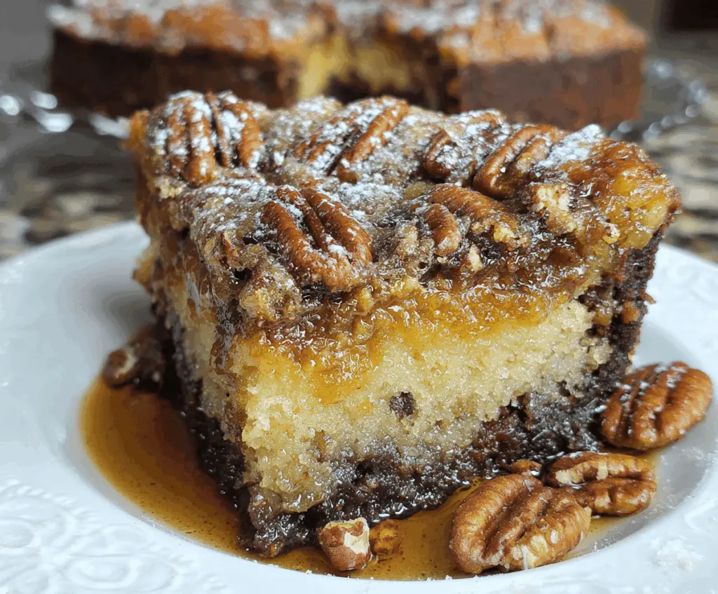 Delicious Gooey Butter Pecan Cake topped with caramelized pecans and a creamy, gooey center, perfect for dessert