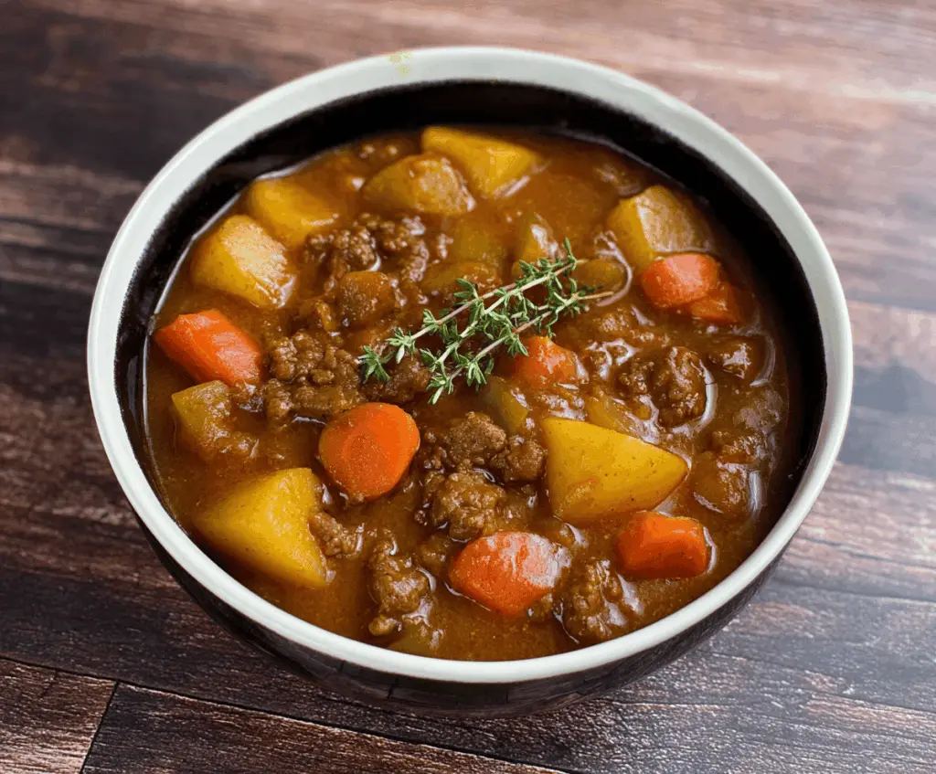 Hearty grandma's ground beef stew in a rustic bowl with fresh vegetables, perfect for a comforting homemade meal.