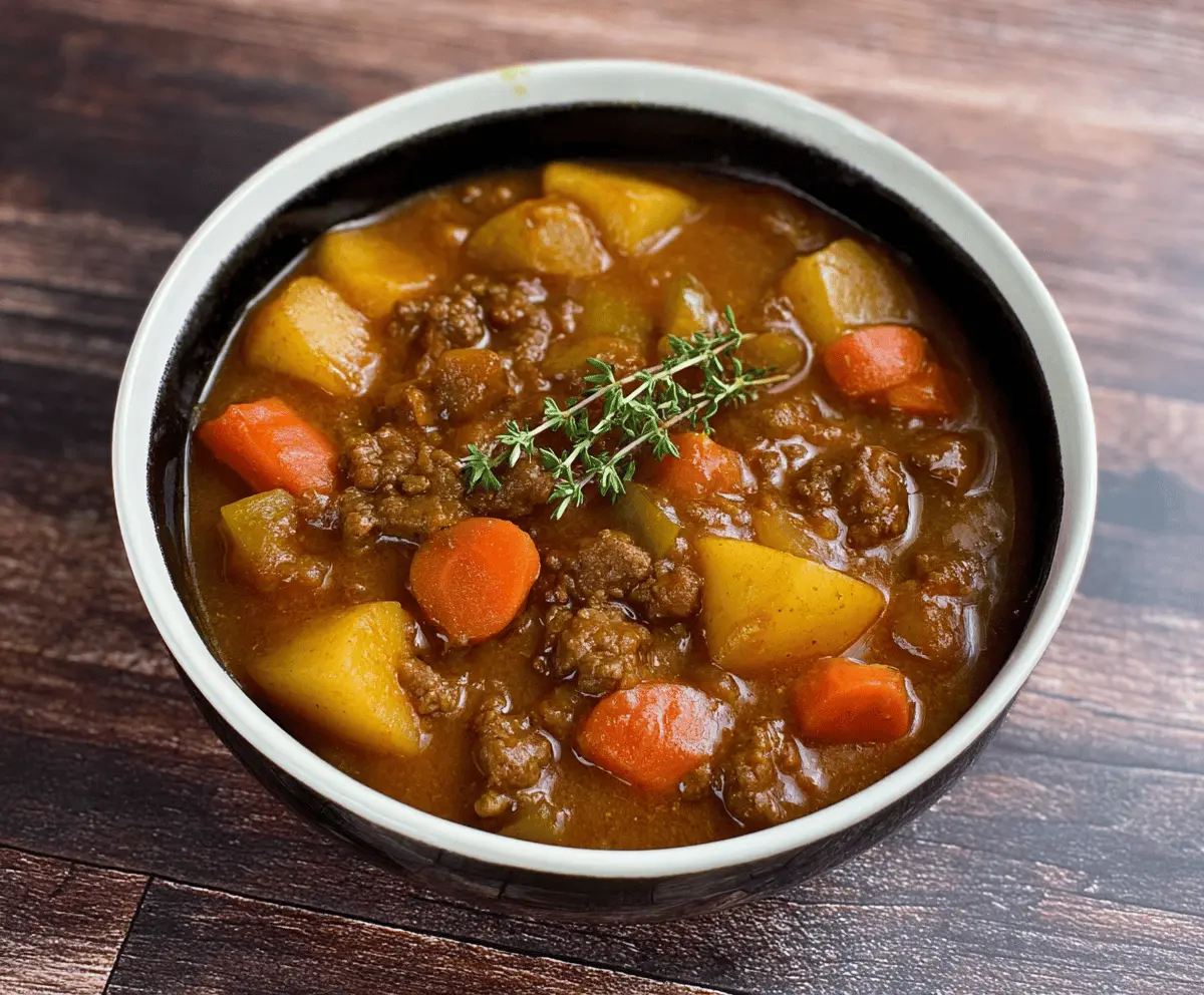 Hearty grandma's ground beef stew in a rustic bowl with fresh vegetables, perfect for a comforting homemade meal.