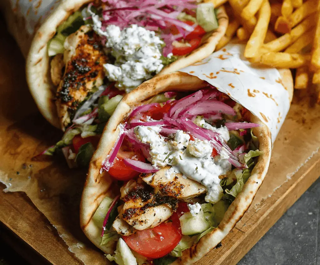 Delicious Greek Chicken Gyros served with fresh vegetables and creamy tzatziki sauce.