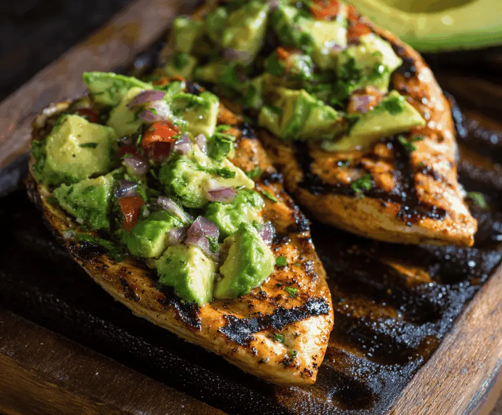 Delicious grilled avocado chicken served with fresh herbs and vegetables on a white plate, perfect for a healthy meal.