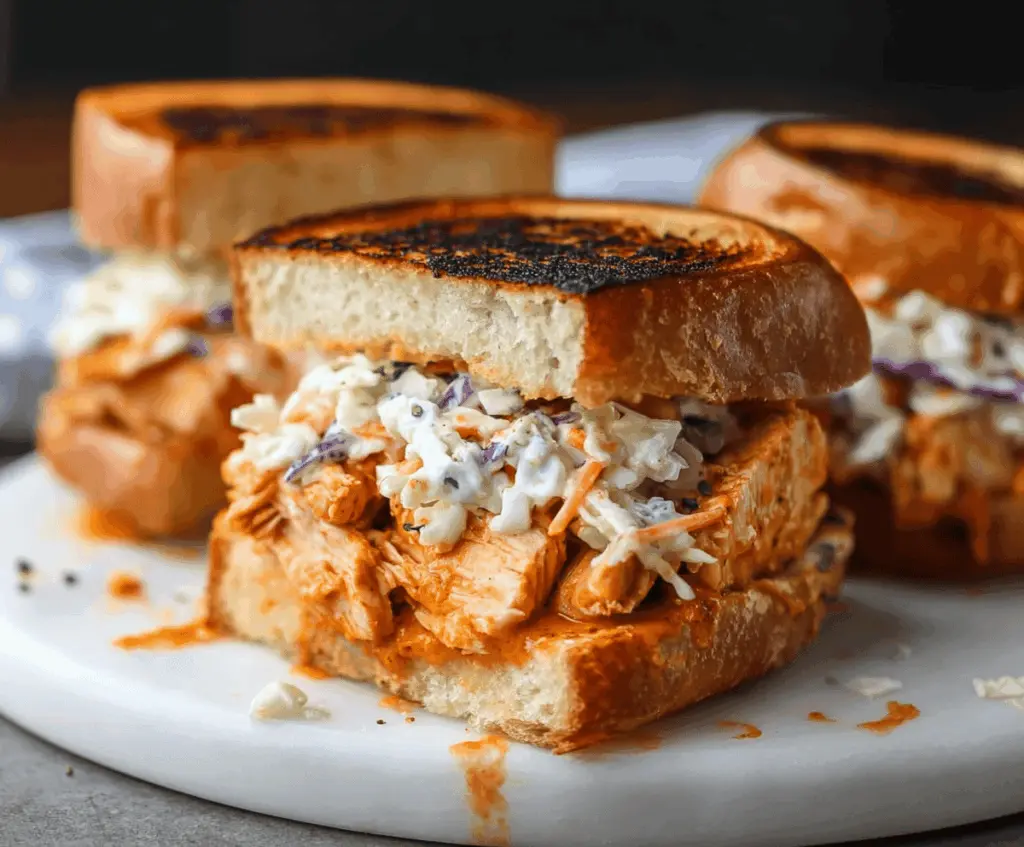 Grilled Buffalo Chicken Sandwiches topped with fresh Grinder Slaw, served on toasted buns for a spicy and flavorful meal