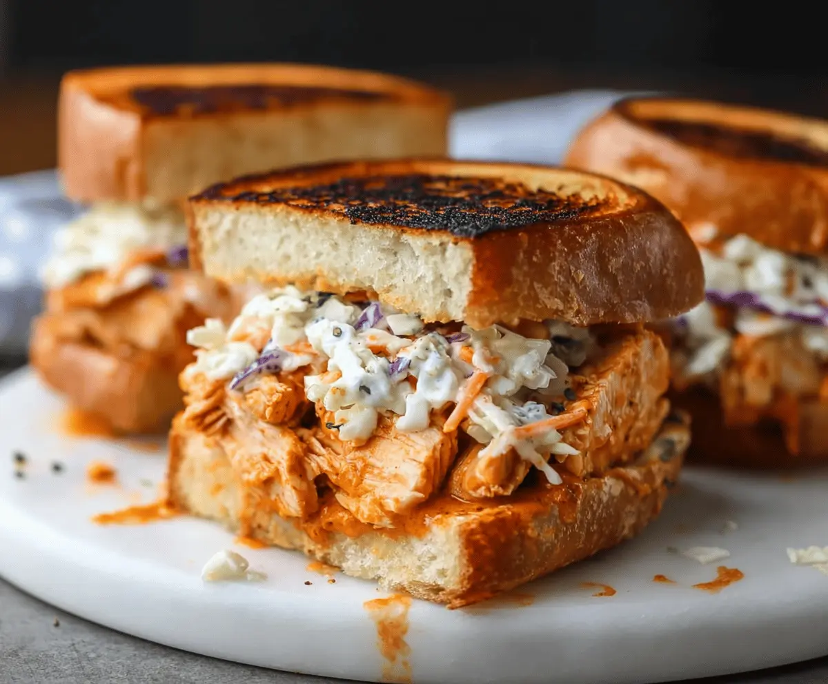 Grilled Buffalo Chicken Sandwiches topped with fresh Grinder Slaw, served on toasted buns for a spicy and flavorful meal