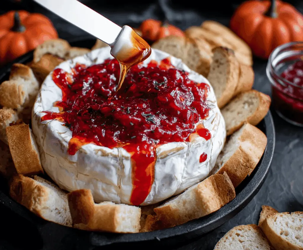 A spooky Halloween Bloody Baked Brie topped with red sauce and garnished with herbs, perfect for a festive party appetizer.