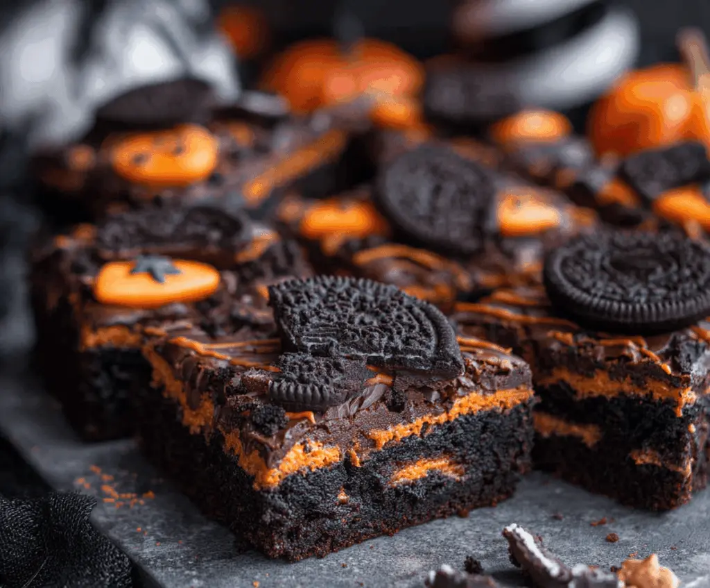 Delicious Halloween Oreo Brownies topped with spooky Halloween-themed decorations and colorful candies, perfect for a festive treat.