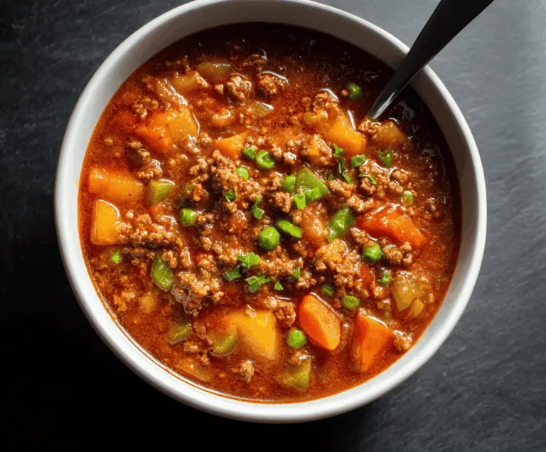 Delicious homemade hamburger stew with tender beef, potatoes, carrots, and vegetables in a hearty broth served in a rustic bowl