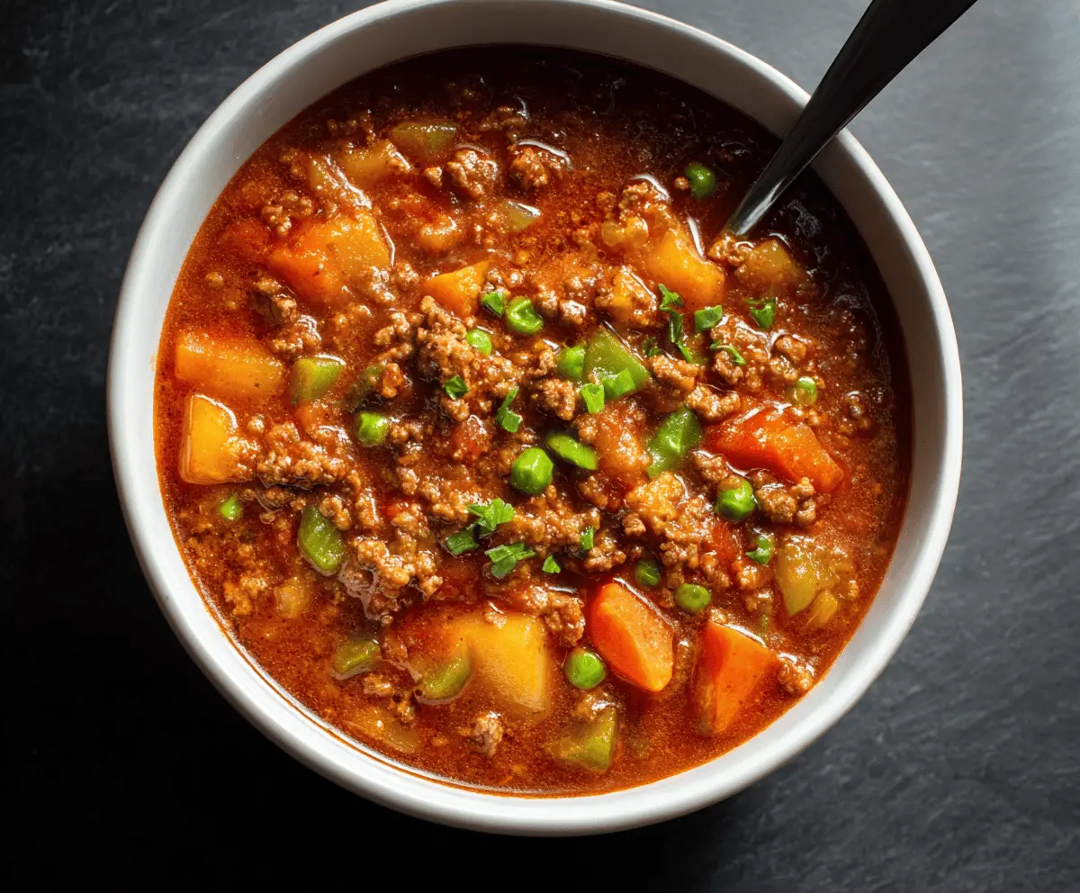 Delicious homemade hamburger stew with tender beef, potatoes, carrots, and vegetables in a hearty broth served in a rustic bowl