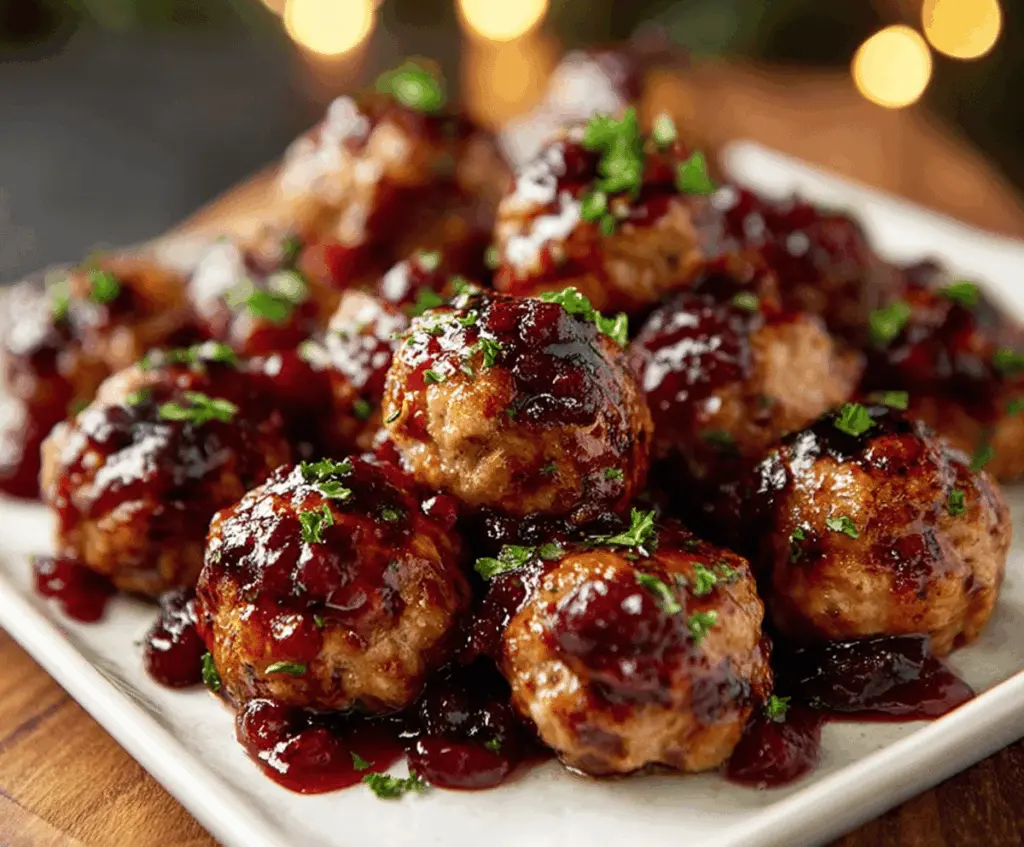 Savory harvest turkey meatballs glazed with cranberry sauce on a festive plate, perfect for holiday appetizers