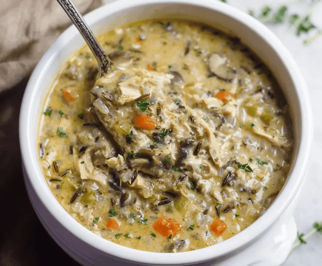 Creamy healthy chicken and wild rice soup in a bowl garnished with fresh herbs, perfect for a nutritious meal.