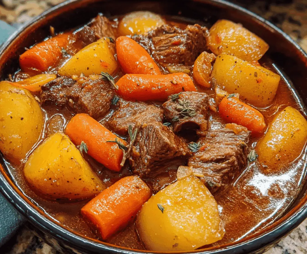 Hearty homemade beef stew with tender beef chunks, carrots, potatoes, and vegetables in a flavorful broth served in a rustic bowl.