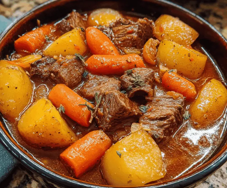 Hearty homemade beef stew with tender beef chunks, carrots, potatoes, and vegetables in a flavorful broth served in a rustic bowl.