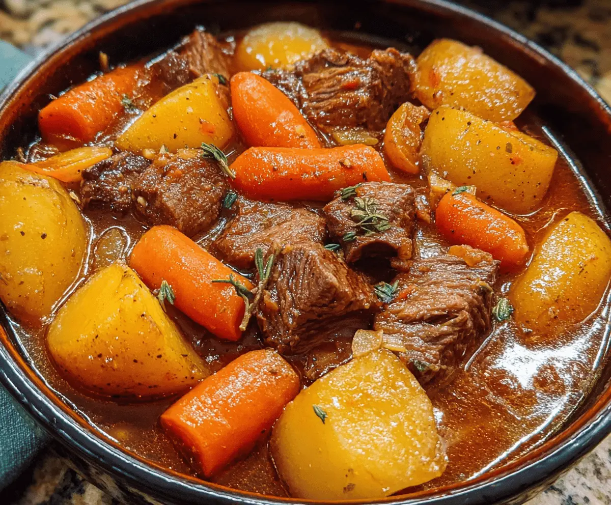 Hearty homemade beef stew with tender beef chunks, carrots, potatoes, and vegetables in a flavorful broth served in a rustic bowl.
