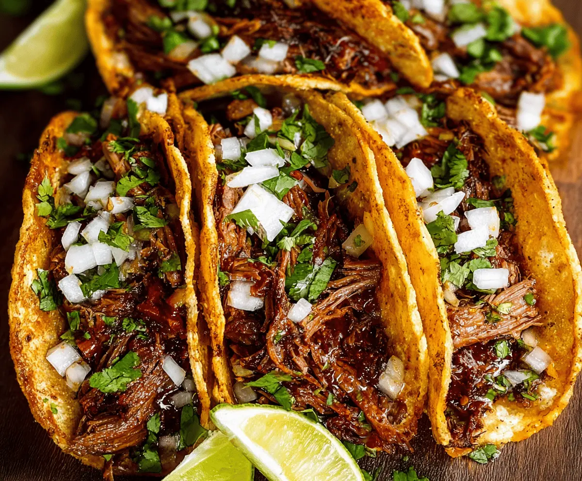 Delicious homemade birria tacos with tender shredded beef, fresh cilantro, onions, and crispy corn tortillas ready to enjoy