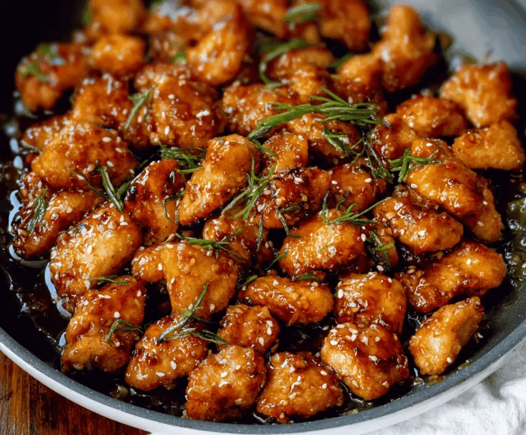 Golden honey garlic chicken bites served on a plate with fresh herbs, perfect for a savory appetizer or main course.