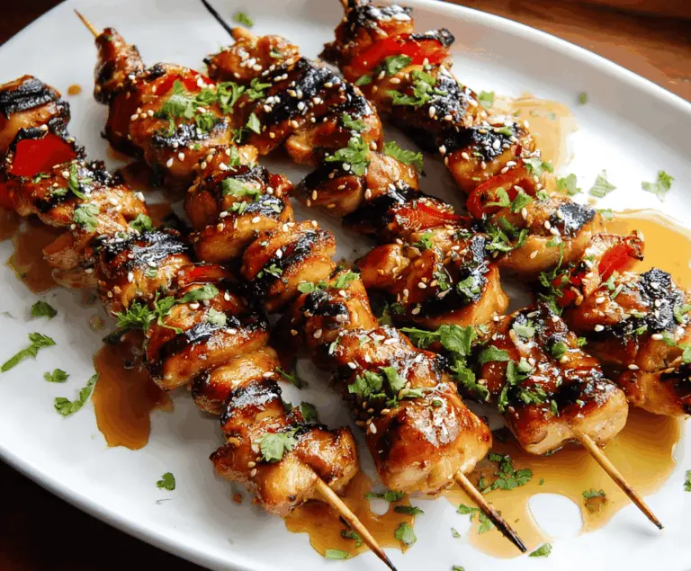 Juicy honey garlic chicken skewers grilled to perfection, glazed with honey and garlic, served with fresh herbs and colorful vegetables on a white plate