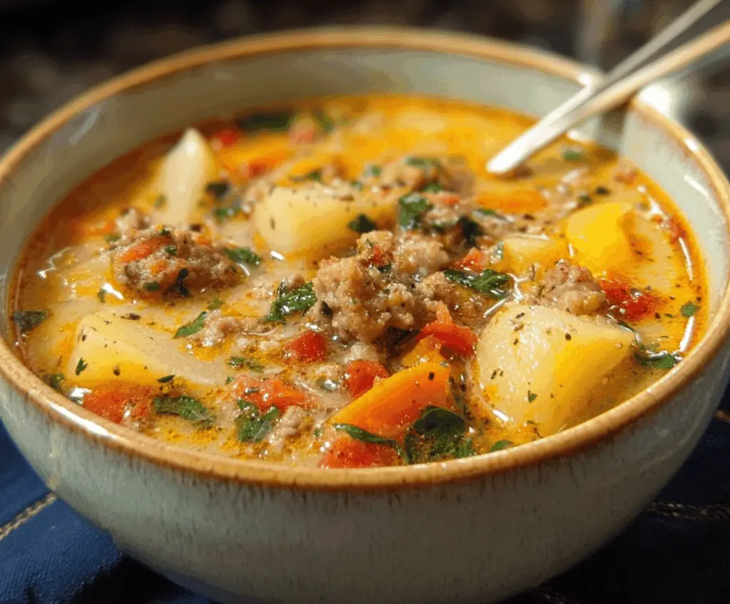 Creamy Italian Sausage and Potato Soup with fresh herbs in a bowl, perfect for a hearty and comforting meal