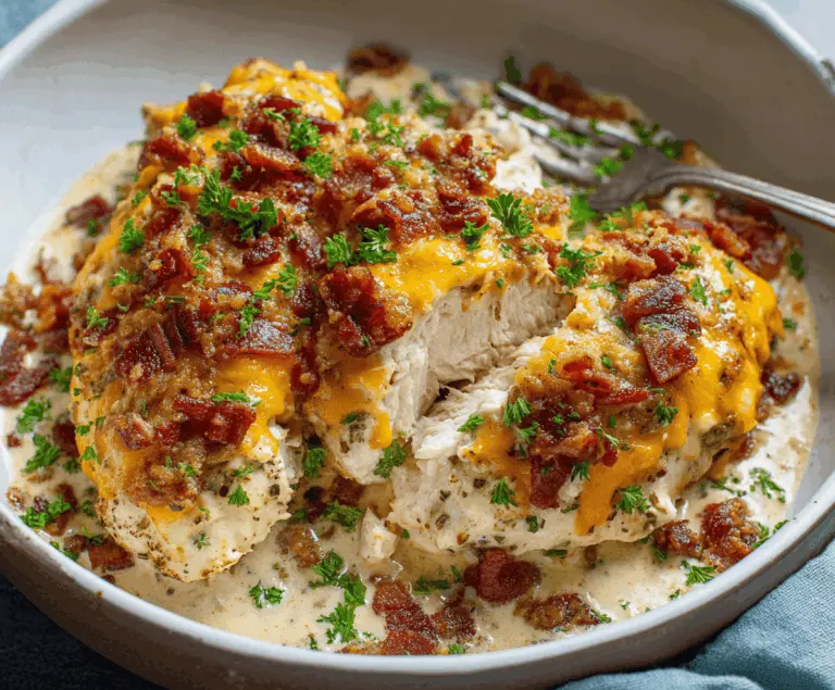 Creamy keto crack chicken topped with shredded cheese and bacon bits, served in a white bowl on a wooden table.