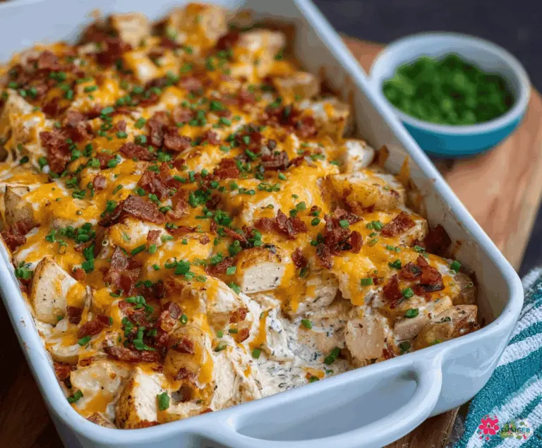 Creamy loaded potato ranch chicken casserole topped with melted cheese and fresh herbs, served with crispy bacon and scallions.