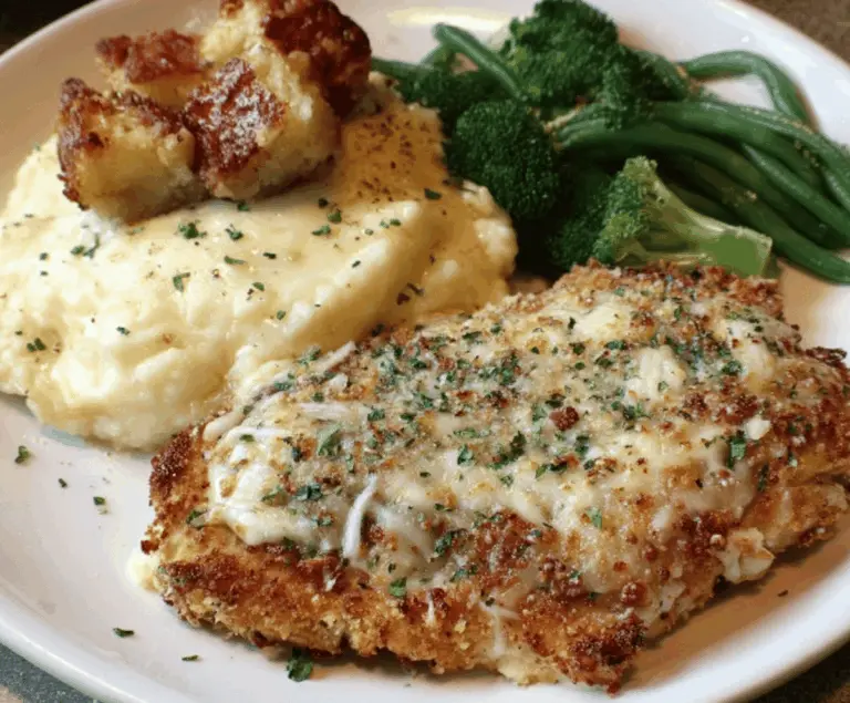Delicious Longhorn Steakhouse Parmesan Chicken served with crispy vegetables and lemon wedges on a white plate