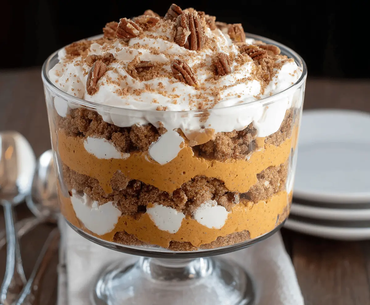 Layered Maple Pecan and Pumpkin Cheesecake Trifle with whipped cream and pecans in a clear glass bowl