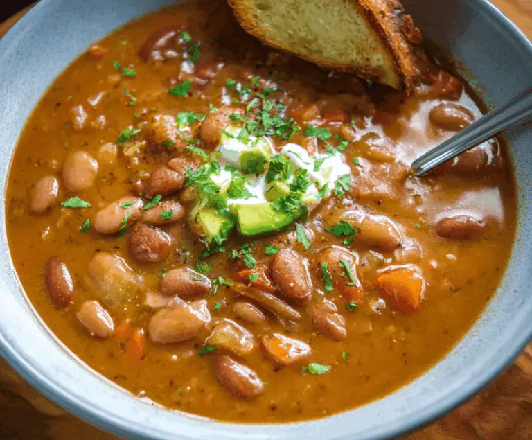 A steaming bowl of Mexican Pinto Bean Soup topped with fresh cilantro and diced tomatoes, served with lime wedges and tortilla chips on a rustic wooden table.