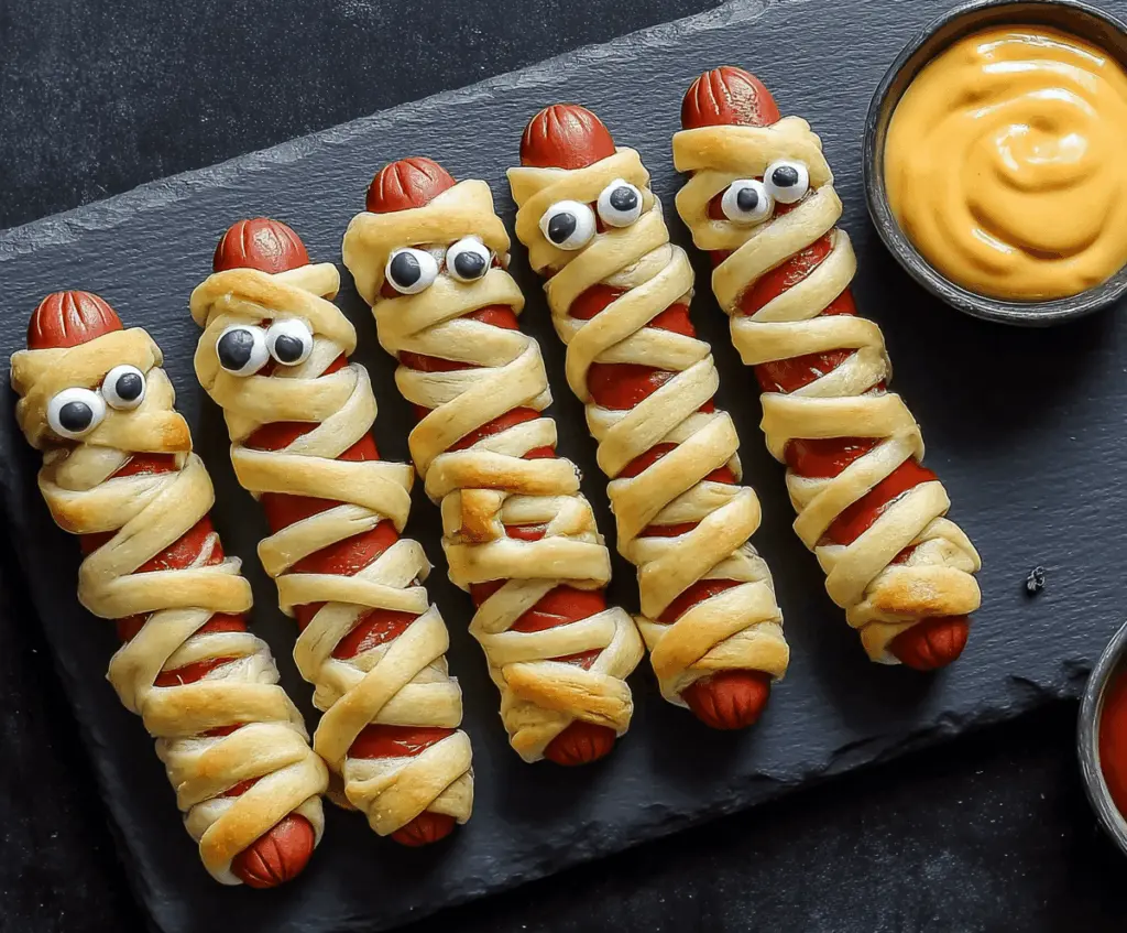 A fun Halloween appetizer featuring hot dogs wrapped in puff pastry to resemble cute mummy faces with candy eyes, perfect for spooky parties.