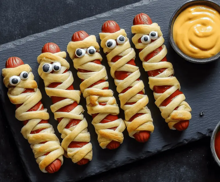 A fun Halloween appetizer featuring hot dogs wrapped in puff pastry to resemble cute mummy faces with candy eyes, perfect for spooky parties.