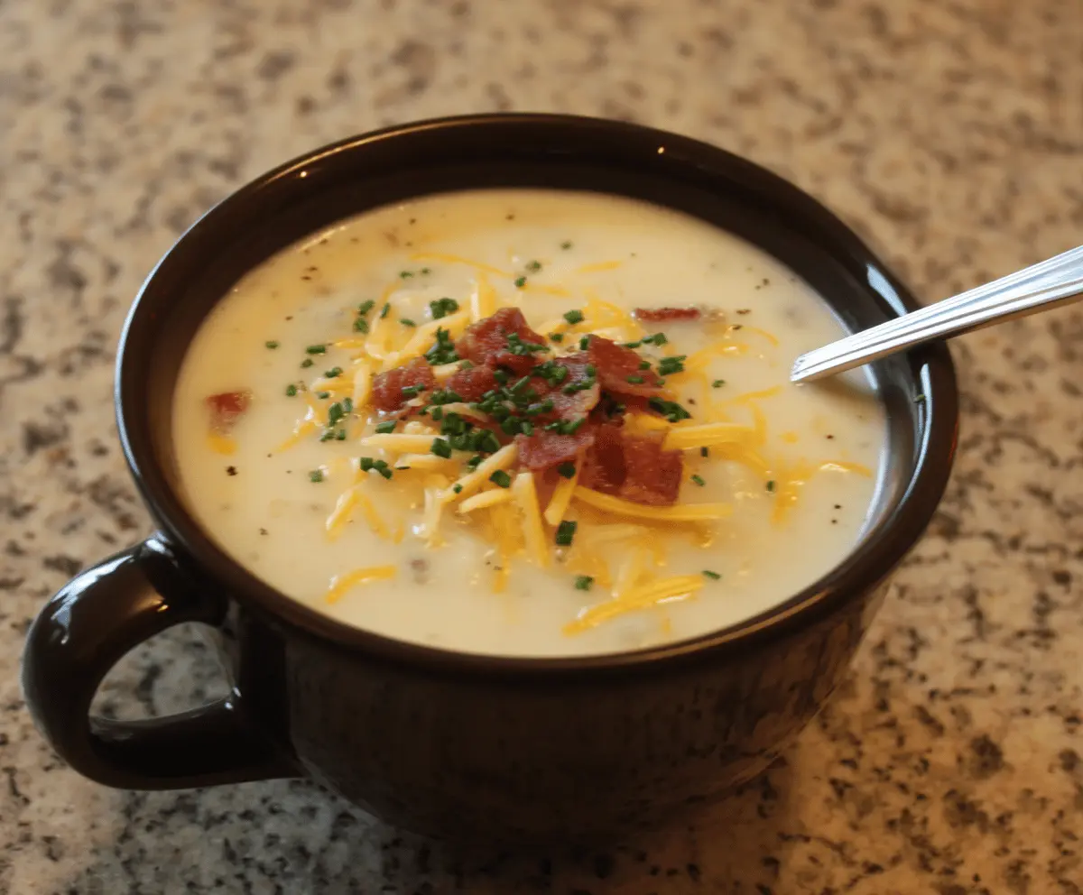 Creamy Outback Steakhouse Potato Soup served in a bowl with chopped green onions and crispy bacon on top, perfect for a hearty appetizer or meal.